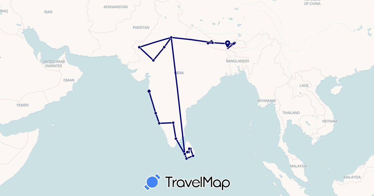 TravelMap itinerary: driving in Bhutan, India, Sri Lanka, Nepal (Asia)